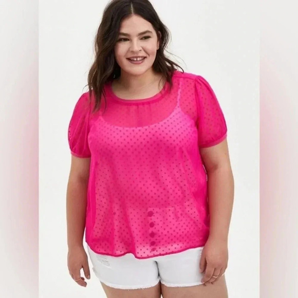 Torrid Pink Polka Dot Crinkle Chiffon Rib Trim Top Blouse Size Large L (0) - Picture 1 of 7